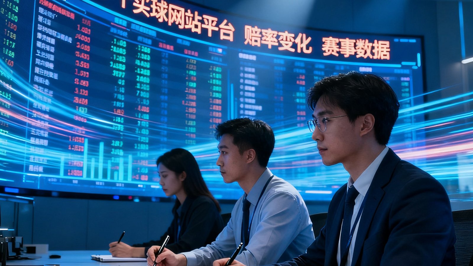 买球站数据中心内墙上的巨型LED屏幕实时滚动显示全球30多个买球的网站平台的赔率变化与赛事数据，三名分析师正专注地记录关键节点