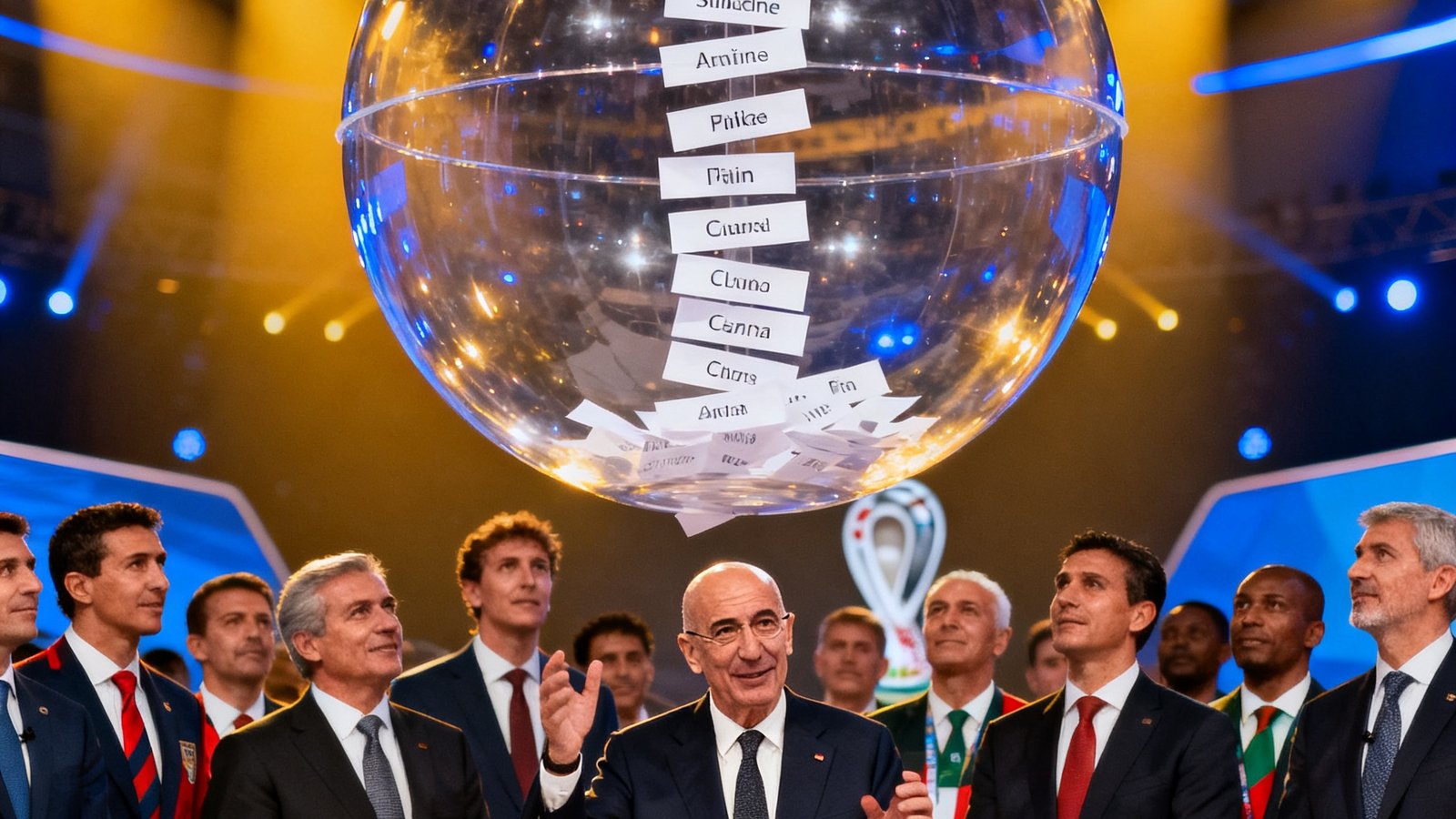 2026世界杯分组抽签仪式在迈阿密会议中心盛大举行，国际足联主席与各参赛国代表齐聚一堂，巨大的透明抽签球中缓缓升起带有国家名称的纸条，现场灯光炫目