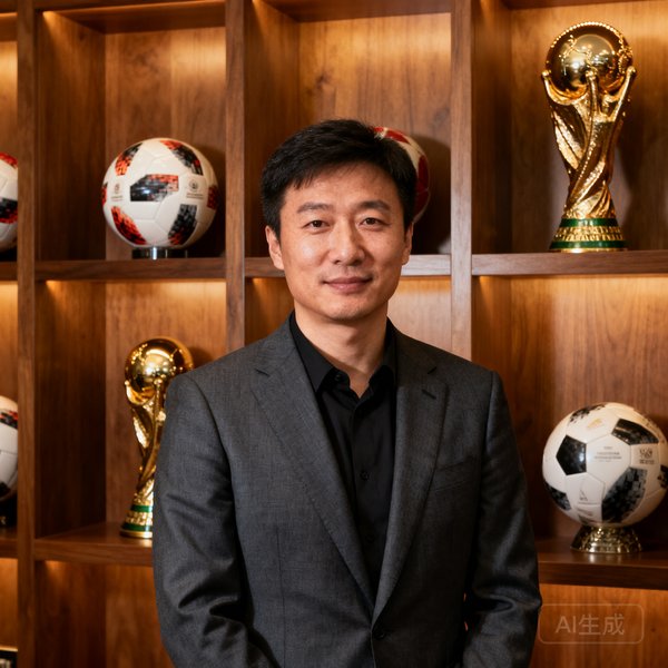 买球站创始人兼CEO张磊的商务形象照，他身穿深灰色西装站在书架前，背景是历年世界杯的纪念足球和奖杯，眼神坚定而温和，展现出媒体人的沉稳气质