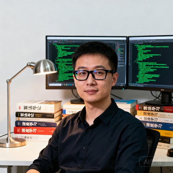 买球站联合创始人兼CTO李浩的形象照，他戴着黑框眼镜坐在摆满技术书籍的桌前，身后是显示代码界面的双屏显示器，展现技术专家的专注形象