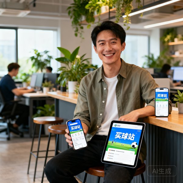 买球站产品总监陈思远的形象照，他坐在开放式办公区的吧台椅上，面前摆放着手机和平板展示不同终端的买球站界面，穿着休闲衬衫，笑容亲切